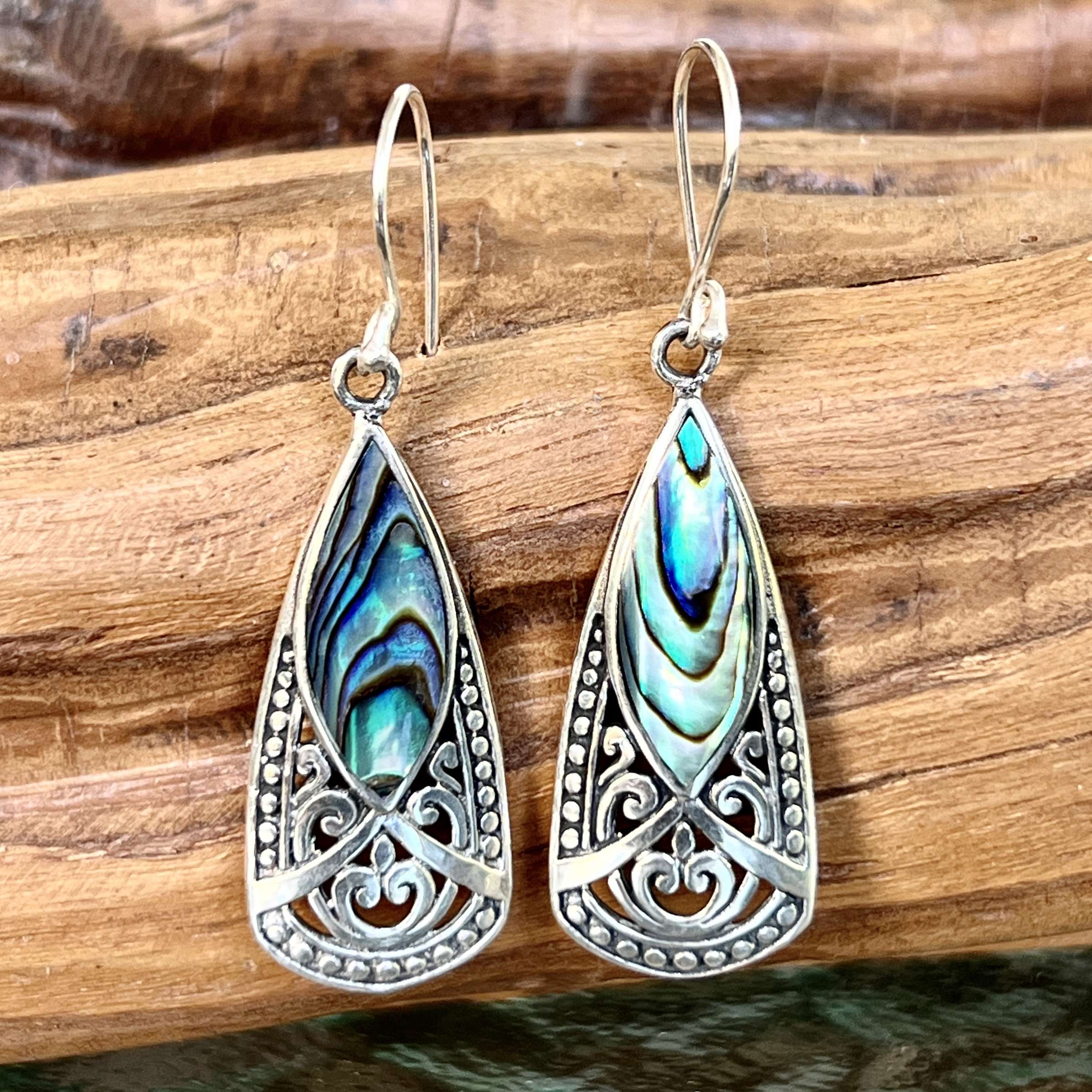 (HANDMADE 925 BALI STERLING SILVER FILIGREE EARRINGS WITH ABALONE)